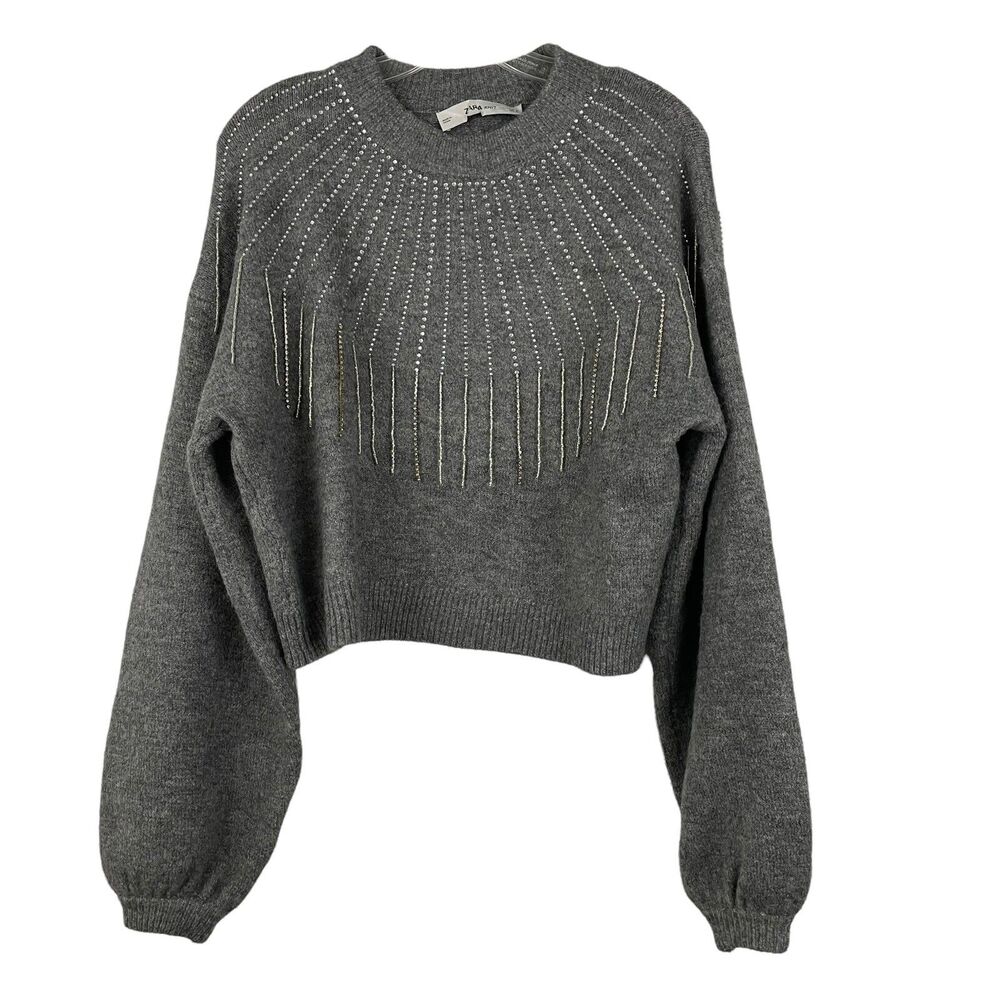 Zara Fringed Beaded Crop Sweater Sz M Gray Rhinestone Beads Embellished